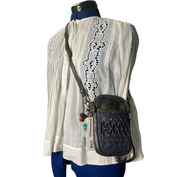 Chala Convertible Crossbody Mini Bag Blue Canvas Leather Trim - Picture 2 of 9